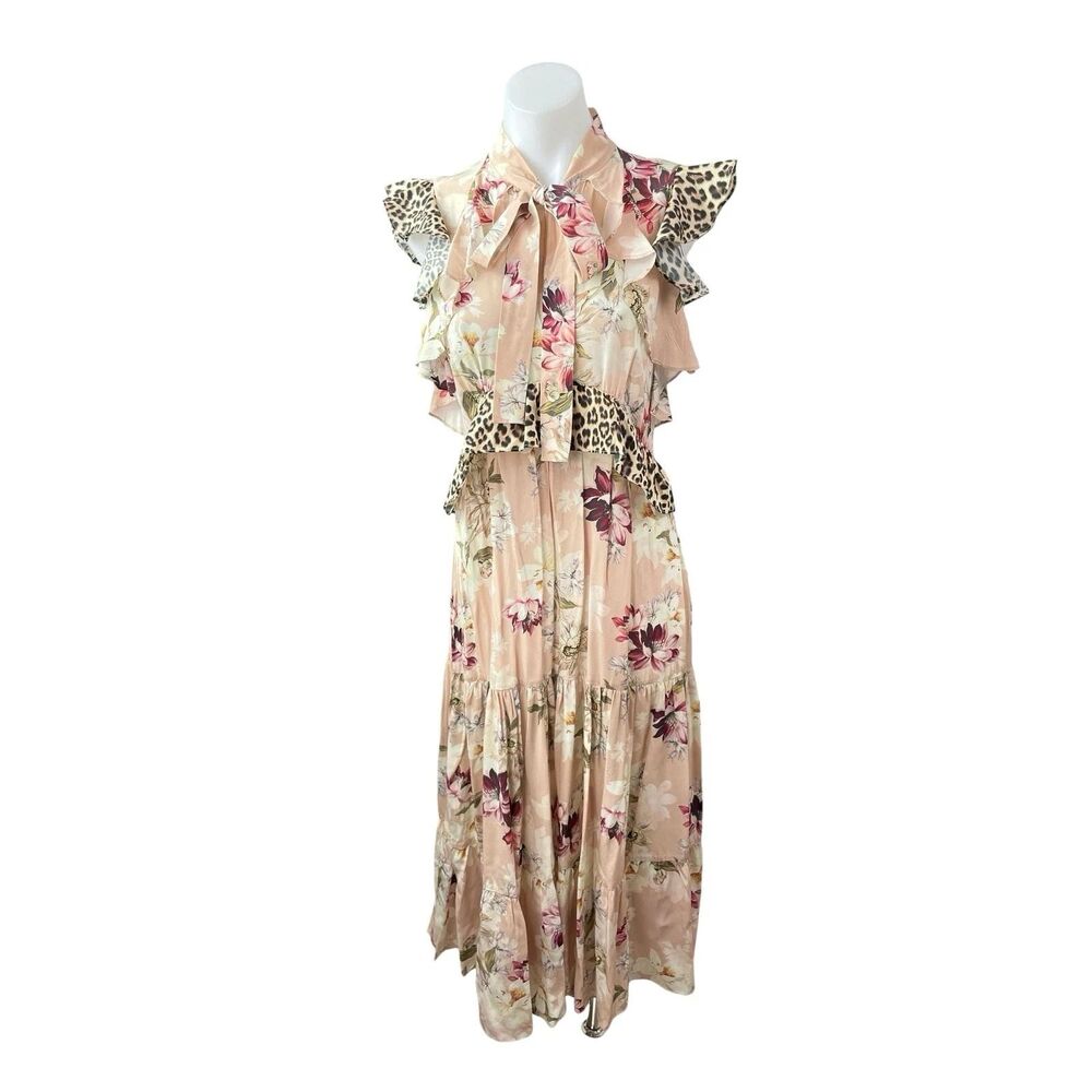 Kachel Coral Floral Leopard Ruffle Tie Pleated Tiered A Line Midi Dress 00P